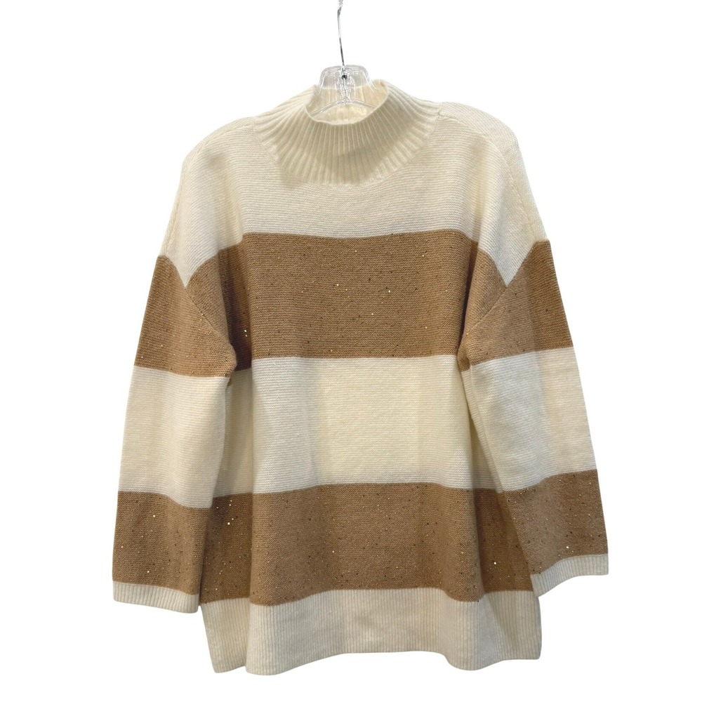 Talbots Plus Sequin Stripe Mock Neck Sweater Cream Tan Gold 1X NEW